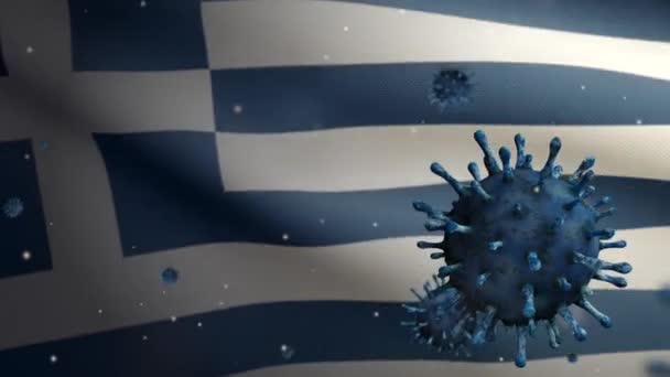 Yunan Bayrağı Üzerinde Sallanan Grip Koronavirüsü Solunum Yoluna Saldıran Bir — Stok video