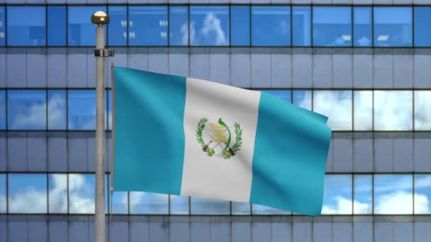 Гватемальский Флаг Машущий Ветру Современным Небоскребом Города Закрыть Баннер Guatemala — стоковое видео