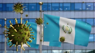 3D, Guatemala bayrağında modern gökdelen şehrinde dalgalanan grip koronavirüsü. Guatemala pankartı Covid19 virüs enfeksiyonu konseptiyle sallanıyor. Gerçek kumaş dokusu Asteğmen
