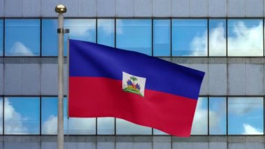 3D, Haiti bayrağı modern gökdelen şehrinde rüzgarda dalgalanıyor. Haiti afişi, yumuşak ve pürüzsüz ipek. Kumaş kumaş dokusu, Asteğmen. Ulusal gün ve ülke etkinlikleri konsepti için kullan..