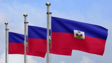 3D, Haiti bayrağı mavi gökyüzü ve bulutlarla rüzgarda dalgalanıyor. Haiti afişi, yumuşak ve pürüzsüz ipek. Kumaş kumaş dokusu, Asteğmen. Ulusal gün ve ülke etkinlikleri konsepti için kullan..