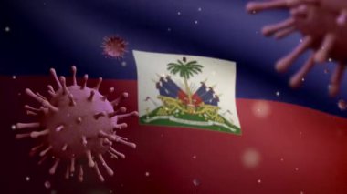 3D, Haiti bayrağı üzerinde sallanan grip koronavirüsü, solunum yoluna saldıran bir patojen. Haiti afişi Covid19 virüs enfeksiyonu konseptiyle sallanıyor. Gerçek kumaş dokusu Asteğmen