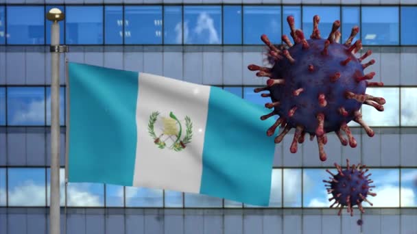 Bandera Guatemalteca Ondeando Con Ciudad Rascacielos Moderna Brote Coronavirus Infectando — Vídeos de Stock