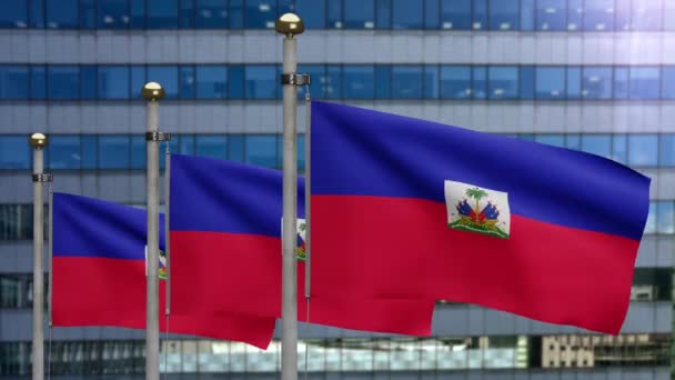 Bandeira Haitiana Acenando Vento Com Moderna Cidade Arranha Céus Banner — Vídeo de Stock