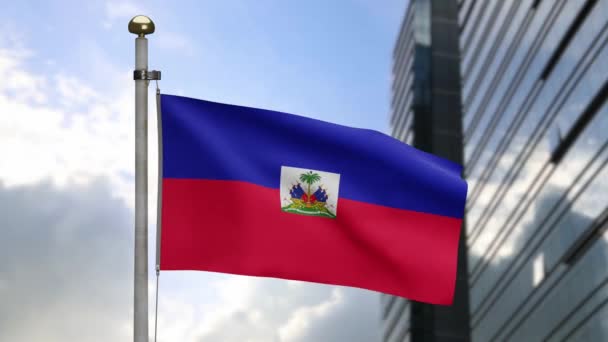 Bandeira Haitiana Acenando Vento Com Moderna Cidade Arranha Céus Feche — Vídeo de Stock