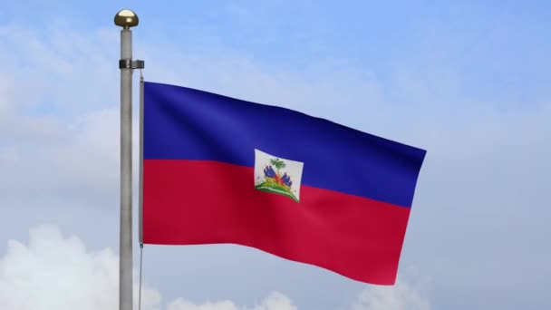 Гаитянский Флаг Машущий Ветру Голубым Небом Облаками Закрыть Баннер Мягкий — стоковое видео