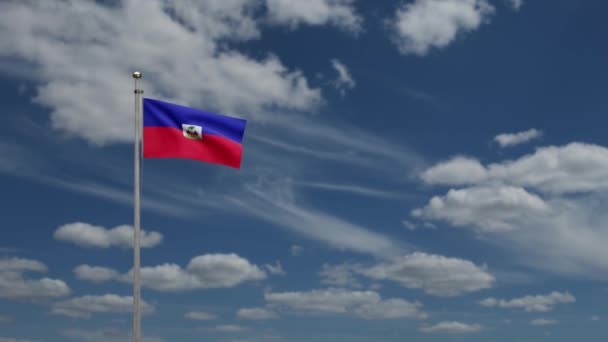 ハイチのフラグが青い空と雲と風に手を振る ハイチの旗が吹いて 柔らかく滑らかなシルクを閉じます 布生地の質感が背景を包み込む — ストック動画