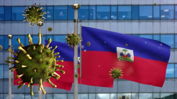 Coronavírus Gripe Flutuando Sobre Bandeira Haitiana Com Moderna Cidade Arranha — Vídeo de Stock