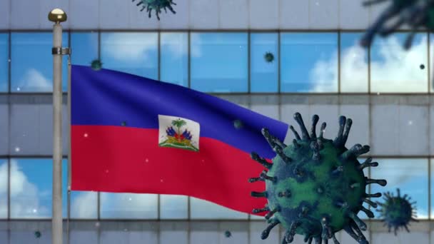 Bandera Haitiana Ondeando Con Ciudad Rascacielos Moderna Concepto Ncov Coronavirus — Vídeos de Stock