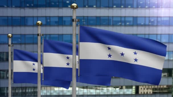 Honduras Bayrağı Modern Gökdelen Şehri Ile Rüzgarda Dalgalanıyor Yumuşak Ipek — Stok video