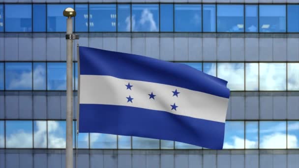 Bandeira Hondurenha Acenando Vento Com Moderna Cidade Arranha Céus Close — Vídeo de Stock