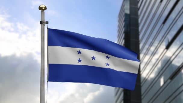 Τρισδιάστατη Σημαία Ονδούρας Κυματίζει Στον Άνεμο Σύγχρονη Πόλη Ουρανοξύστη Κοντινό — Αρχείο Βίντεο