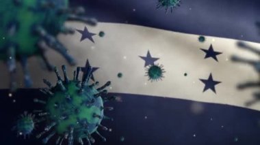 3D, Honduras bayrağı üzerinde sallanan grip koronavirüsü, solunum yoluna saldıran bir patojen. Honduras afişi Covid19 virüs enfeksiyonu konseptiyle sallanıyor. Gerçek kumaş dokusu Asteğmen