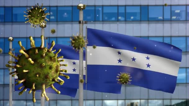 Coronavírus Gripe Flutuando Sobre Bandeira Hondurenha Com Moderna Cidade Arranha — Vídeo de Stock