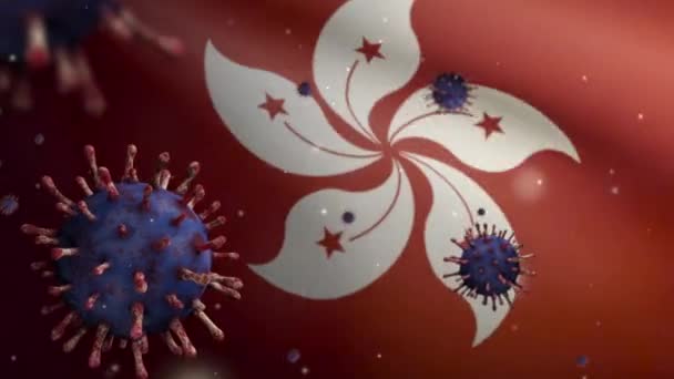 Boyutlu Hong Kong Bayrağında Dalgalanan Coronavirus Solunum Yoluna Saldıran Patojen — Stok video