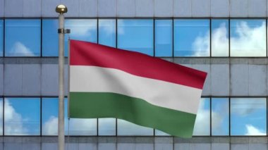 3D, Macar bayrağı modern gökdelen şehrinde rüzgarda dalgalanıyor. Macaristan afişi pürüzsüz ipek gibi esecek. Kumaş kumaş dokusu, Asteğmen. Ulusal gün ve ülke etkinlikleri konsepti için kullan..