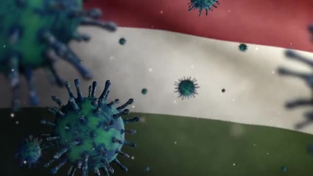 Influensa Coronavirus Som Svävar Över Ungersk Flagga Patogen Som Angriper — Stockvideo