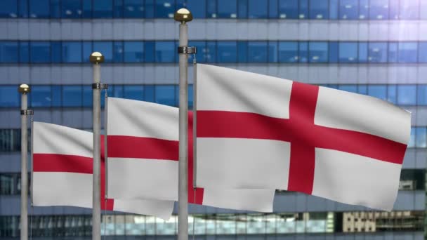 Bandeira Inglaterra Acenando Vento Com Moderna Cidade Arranha Céus Bandeira — Vídeo de Stock