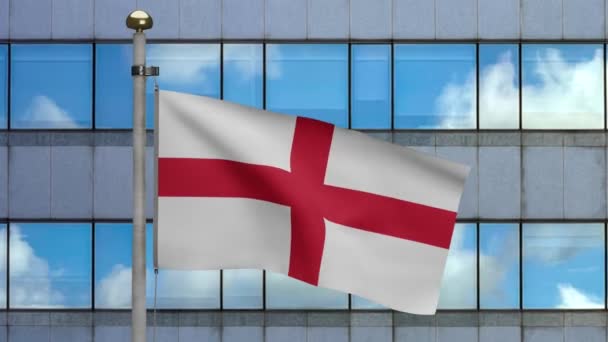 Σημαία Αγγλίας Κυματίζει Στον Άνεμο Σύγχρονη Πόλη Ουρανοξύστη Αγγλική Σημαία — Αρχείο Βίντεο
