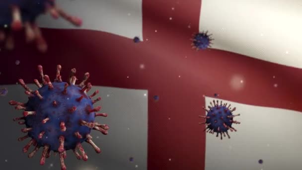 英国の旗は危険なインフルエンザとして呼吸器系に感染するコロナウイルスの発生と手を振る インフルエンザ型Covid 19ウイルスで 英語の国旗が背景に吹いている 流行リスクの概念 — ストック動画