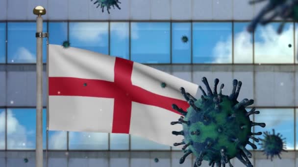 England Flag Waving Modern Skyscraper City Coronavirus 2019 Ncov Concept — Stock video