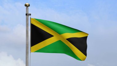 Üç boyutlu, Jamaika bayrağı mavi gökyüzü ve bulutlarla rüzgarda dalgalanıyor. Jamaika afişi, yumuşak ve pürüzsüz ipek. Kumaş kumaş dokusu, Asteğmen. Ulusal gün ve ülke etkinlikleri konsepti için kullan..