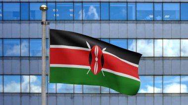 3D, Kenya bayrağı modern gökdelen şehrinde rüzgarda dalgalanıyor. Kenya afişi, yumuşak ve pürüzsüz ipek. Kumaş kumaş dokusu Asteğmen arkaplan.