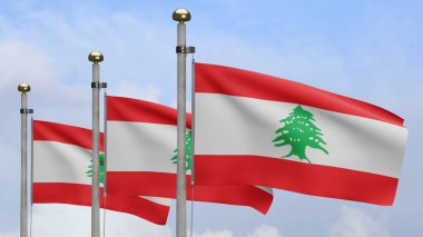 3D, Lübnan bayrağı mavi gökyüzü ve bulutlarla rüzgarda dalgalanıyor. Lübnan afişini yakın çekin, yumuşak ve pürüzsüz ipek. Kumaş kumaş dokusu Asteğmen arkaplan.