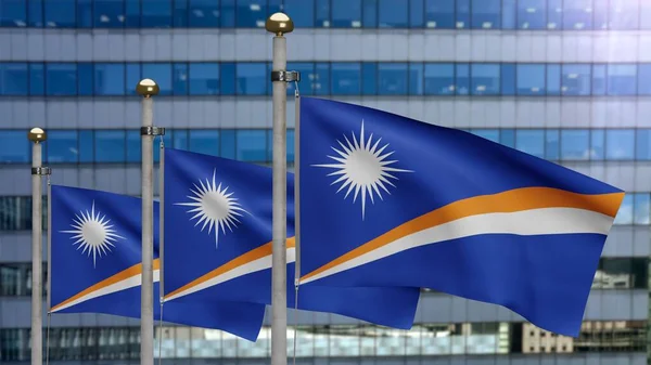 Marshallese Flag Waving Wind Modern Skyscraper City Marshall Banner Blowing — Stock Photo, Image