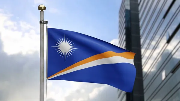 Marshallese Flag Waving Wind Modern Skyscraper City Marshall Banner Blowing — Stock Photo, Image