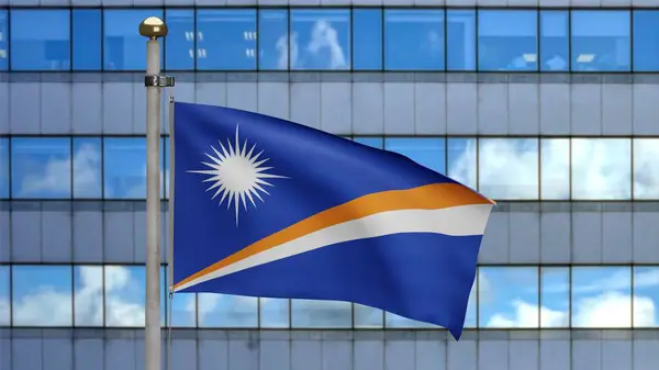 Marshallese Flag Waving Wind Modern Skyscraper City Close Marshall Banner — Stock Photo, Image