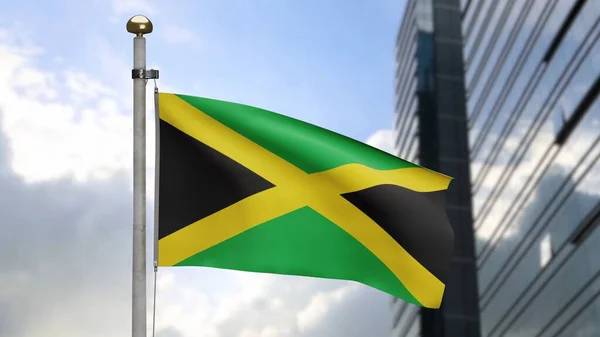 Bandeira Jamaicana Acenando Vento Close Jamaica Bandeira Soprando Seda Macia — Fotografia de Stock