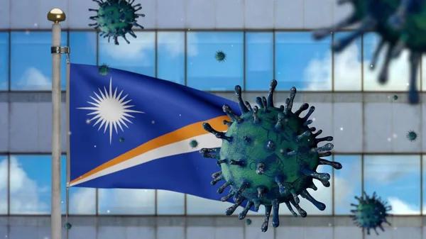 Flu Coronavirus Floating Marshallese Flag Modern Skyscraper City Marshall Banner — Stock Photo, Image