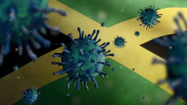 Coronavírus Gripe Flutuando Sobre Bandeira Jamaicana Patógeno Que Ataca Trato — Fotografia de Stock