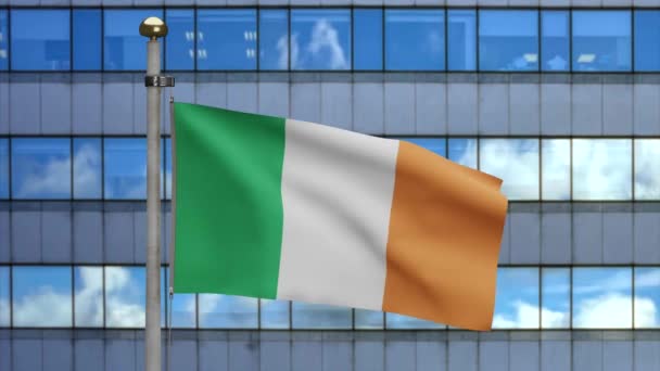 Bandera Irlanda Ondeando Viento Con Ciudad Rascacielos Modernos Primer Plano — Vídeos de Stock