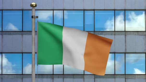 Írország Zászló Integetett Szél Modern Felhőkarcoló Város Közel Zászló Fúj — Stock videók
