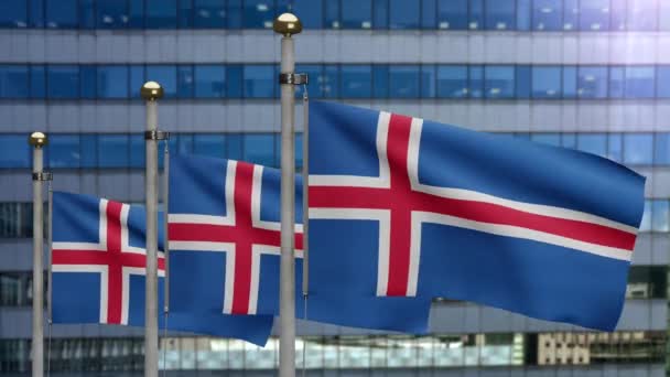 Islandská Vlajka Vlnící Větru Moderním Mrakodrapem Island Prapor Foukání Měkké — Stock video