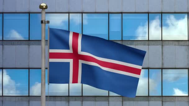 冰岛国旗迎风飘扬与现代摩天大楼的城市 靠近冰岛的横幅飘扬 柔滑的丝绸 布匹织物质感标志背景 — 图库视频影像