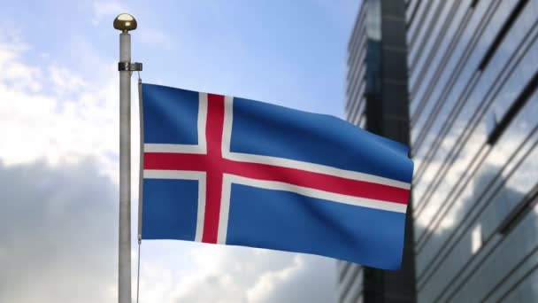 Islandzka Flaga Machająca Wietrze Nowoczesnym Miastem Drapaczy Chmur Islandzki Sztandar — Wideo stockowe