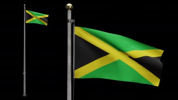 3Dイラスト風に揺れるジャマイカ国旗のアルファ ジャマイカのバナーを吹いて 柔らかく滑らかなシルクの閉じます 布生地の質感が背景を刻印 国民の日と国の行事の概念 — ストック動画