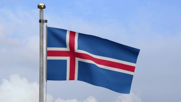 Bandera Islandesa Ondeando Viento Con Cielo Azul Nubes Islandia Bandera — Vídeos de Stock