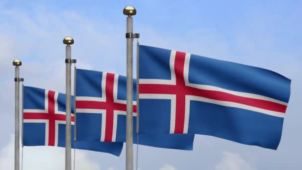 Islandzka Flaga Machająca Wietrze Błękitnym Niebem Chmurami Islandzki Sztandar Dmuchany — Wideo stockowe
