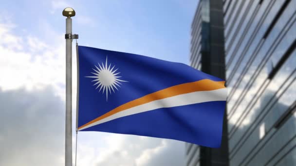 Bandeira Marshallese Acenando Vento Com Cidade Arranha Céus Moderno Banner — Vídeo de Stock