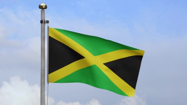 Ямайский Флаг Размахивающий Ветру Голубым Небом Облаками Закрыть Ямайское Знамя — стоковое видео