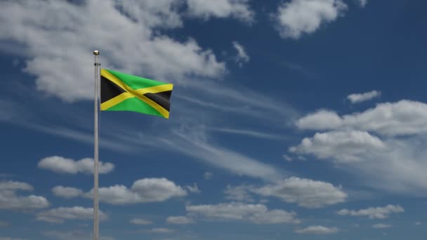 Ямайский Флаг Размахивающий Ветру Голубым Небом Облаками Ямайка Баннер Дует — стоковое видео