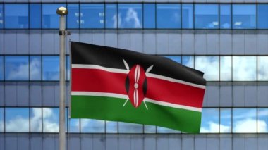 3D, Kenya bayrağı modern gökdelen şehrinde rüzgarda dalgalanıyor. Kenya afişi, yumuşak ve pürüzsüz ipek. Kumaş kumaş dokusu Asteğmen arkaplan.