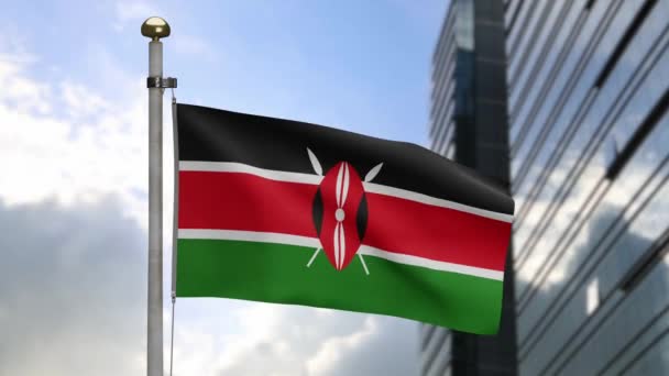 Kenyan Flag Waving Wind Modern Skyscraper City Kenya Banner Blowing — Stock Video