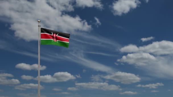 Kenyansk Flagga Viftar Vinden Med Blå Himmel Och Moln Närbild — Stockvideo