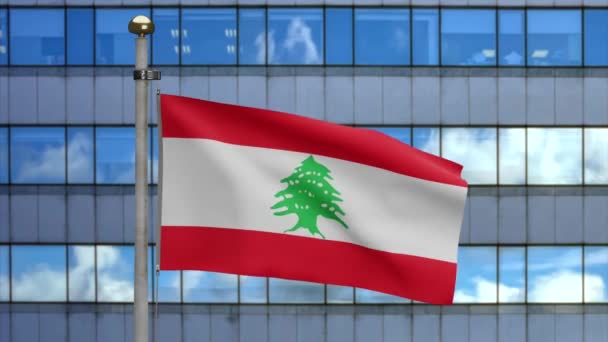 Lebanese Flag Waving Wind Modern Skyscraper City Close Lebanon Banner — Stock Video