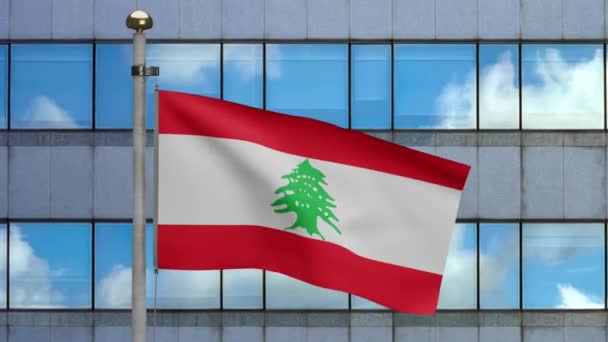 Ливанский Флаг Размахивающий Ветру Современным Небоскребом Города Ливанское Знамя Раздувает — стоковое видео